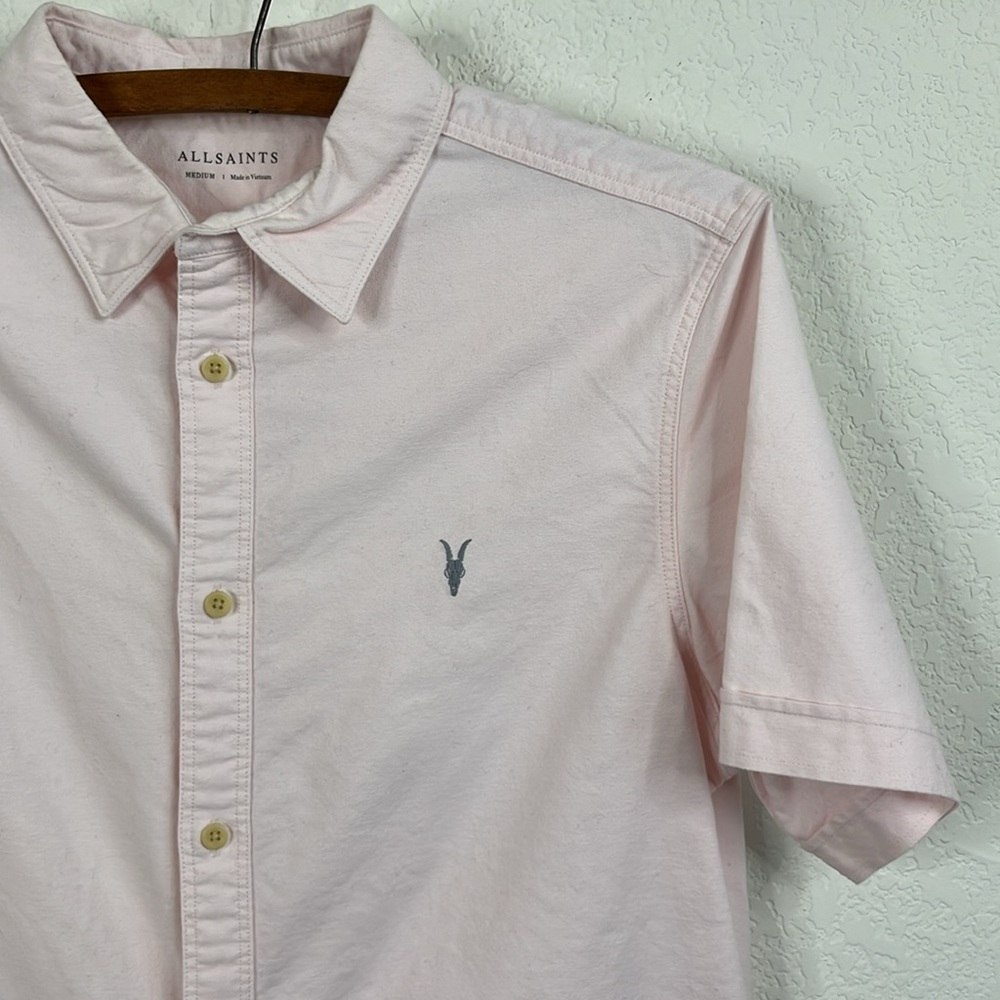 All Saints Huntingdon Light Pink Ram Skull Short Sleeve Button Down Shirt